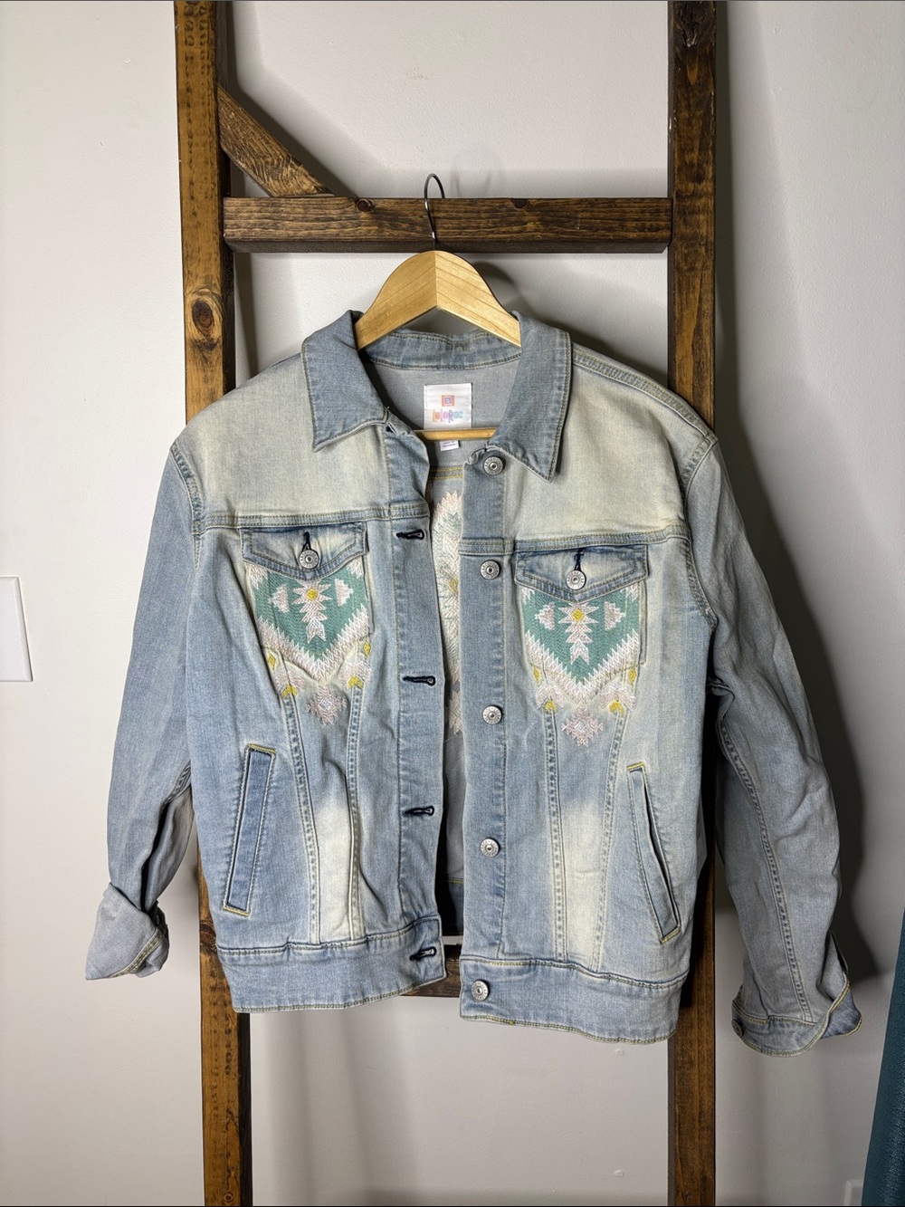 LuLaRoe Harvey Light Blue Denim Jacket with Mint & Yellow Embroidery Size L